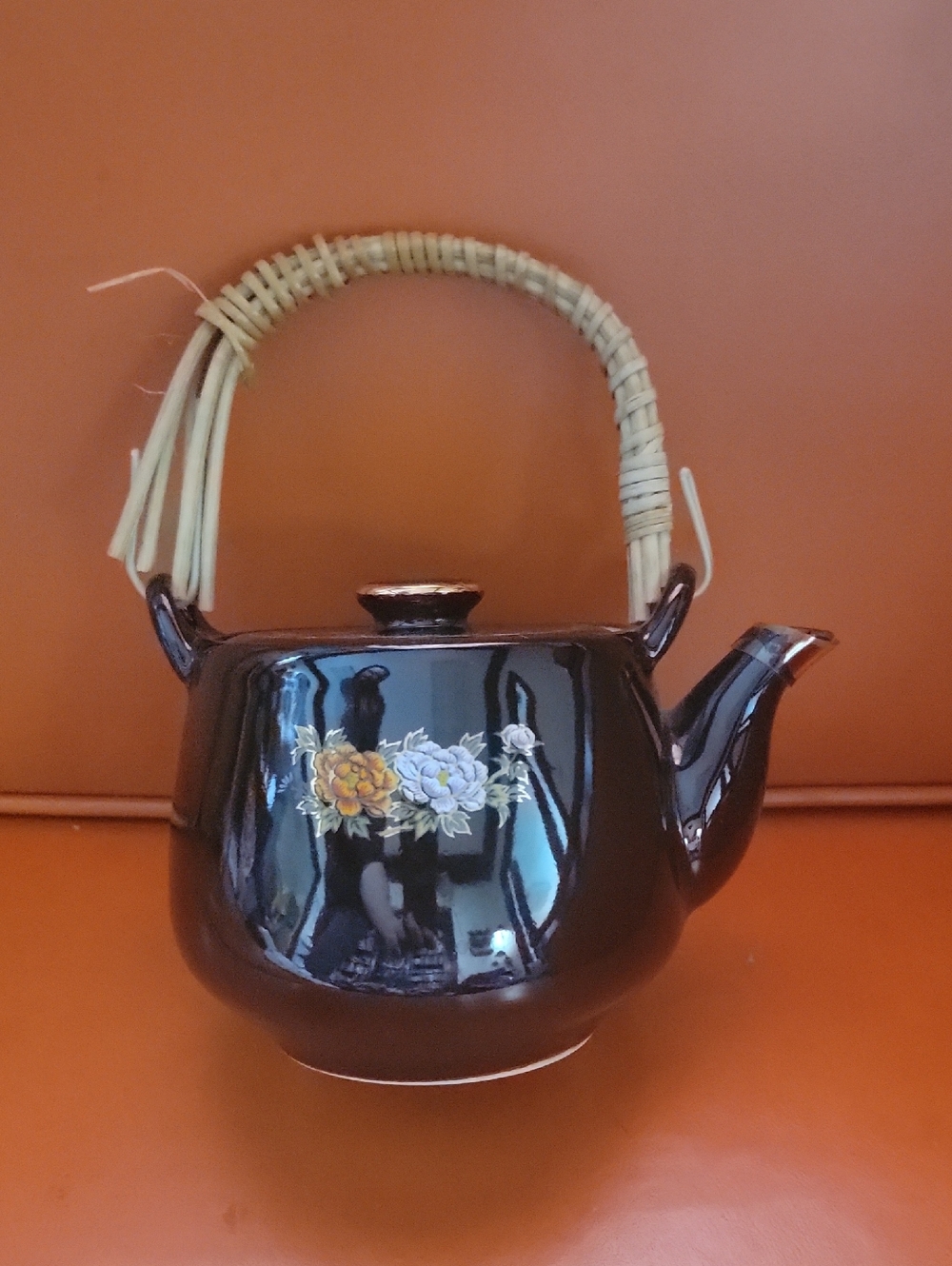 Black Ceramic Teapot with Floral Decal and Woven Handle